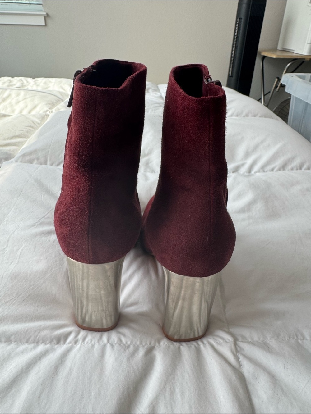 Celine Burgundy Suede Ankle Boots with Metallic Heel - Picture 2 of 7